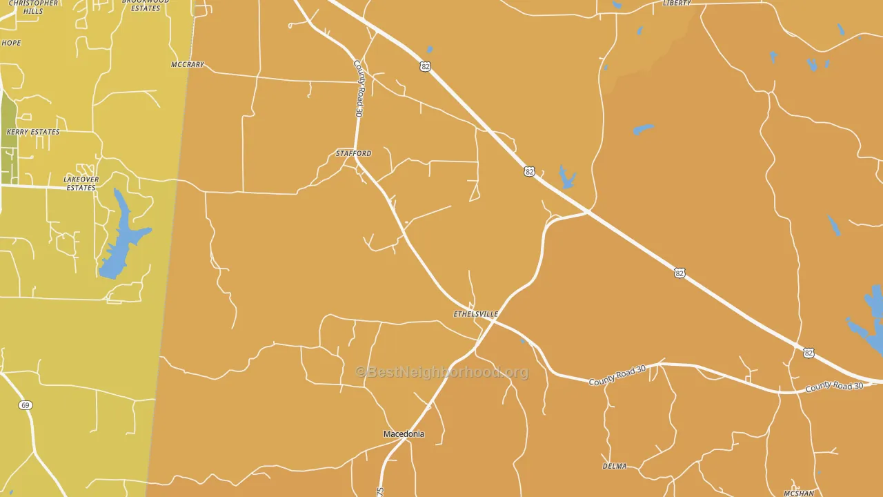 Map of the best neighborhoods in the 35461 area, with better matches in green and worse matches in red
