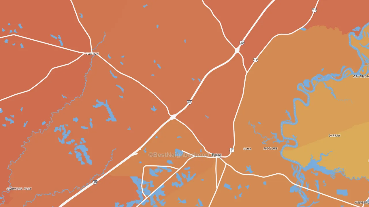 Map of the best neighborhoods in the 35462 area, with better matches in green and worse matches in red