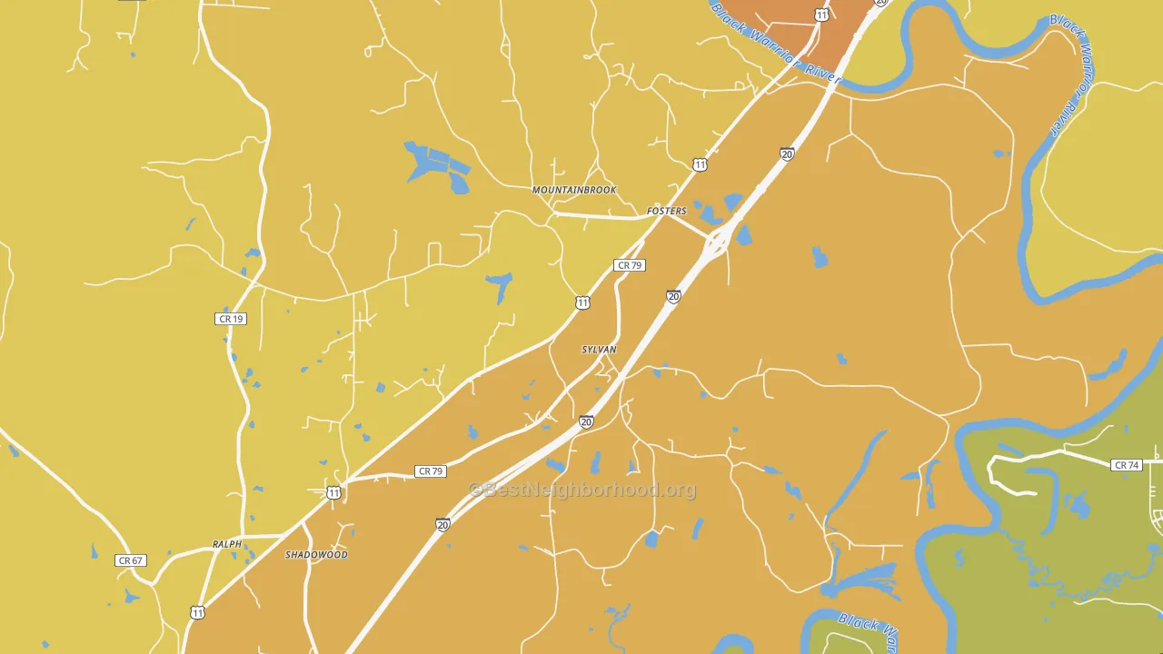 Map of the best neighborhoods in the 35463 area, with better matches in green and worse matches in red