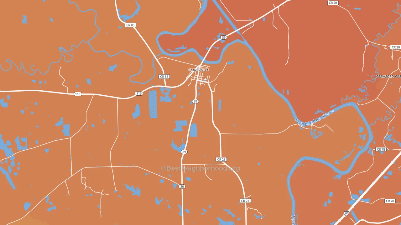 Map of the best neighborhoods in the 35464 area, with better matches in green and worse matches in red