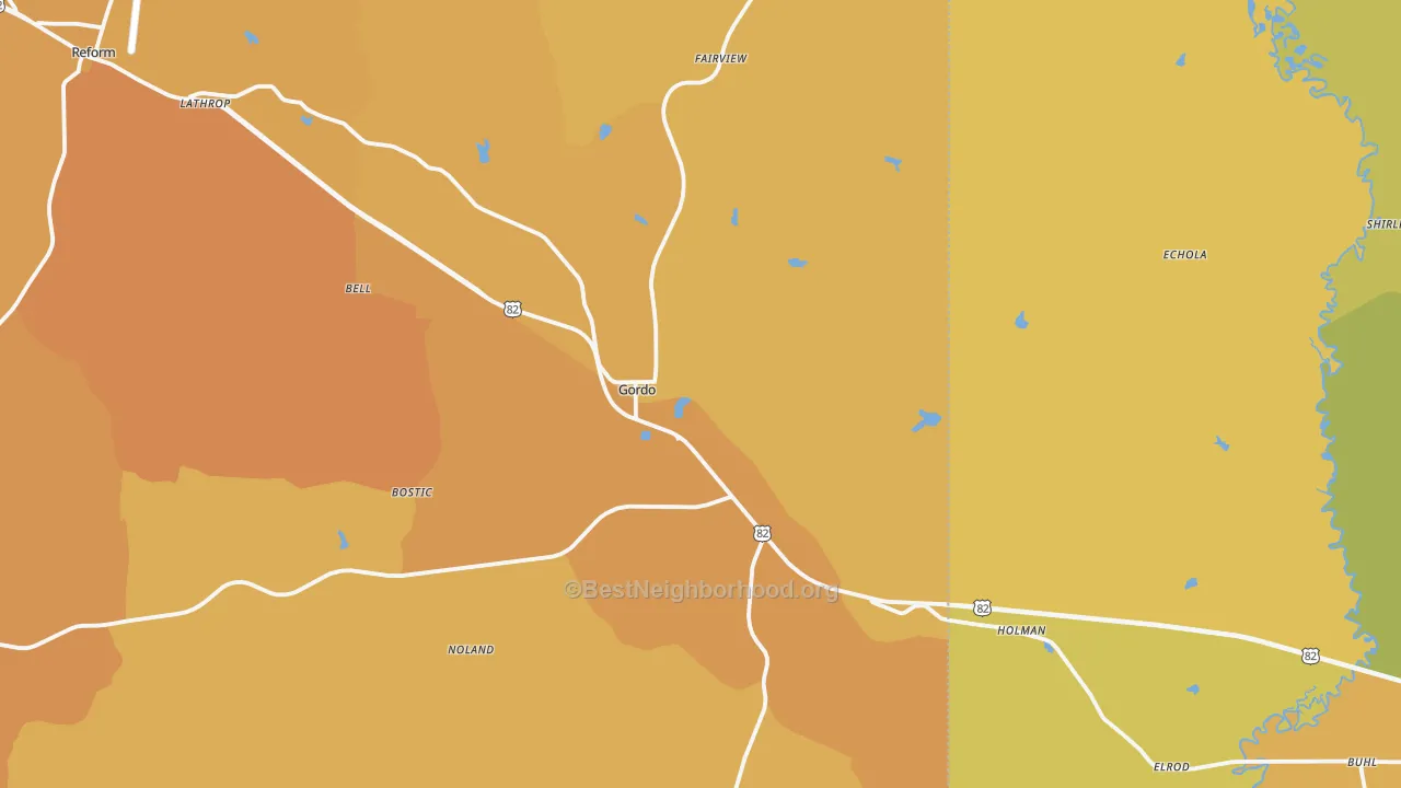 Map of the best neighborhoods in the 35466 area, with better matches in green and worse matches in red