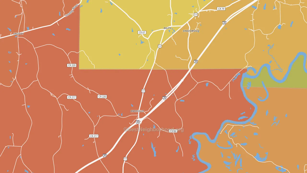Map of the best neighborhoods in the 35469 area, with better matches in green and worse matches in red