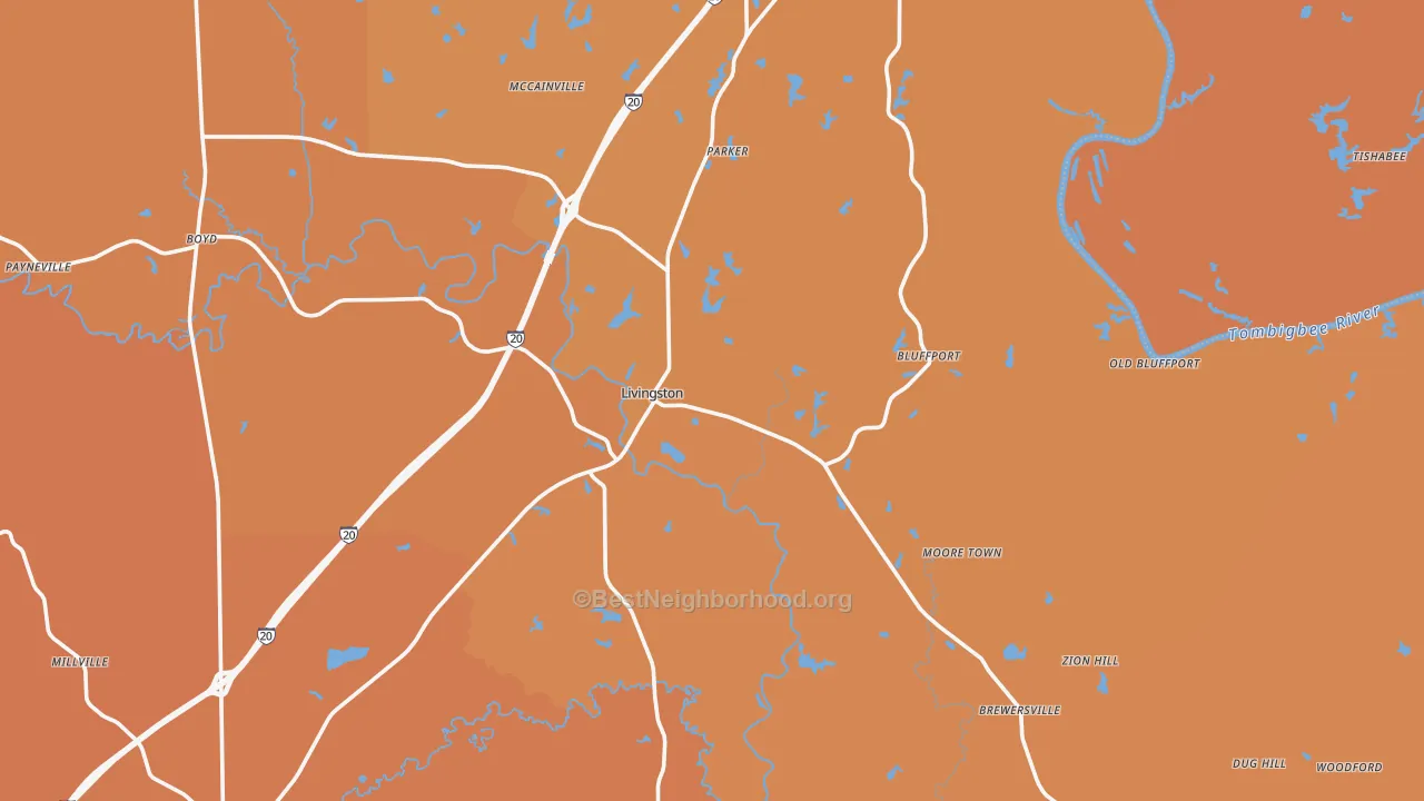 Map of the best neighborhoods in the 35470 area, with better matches in green and worse matches in red