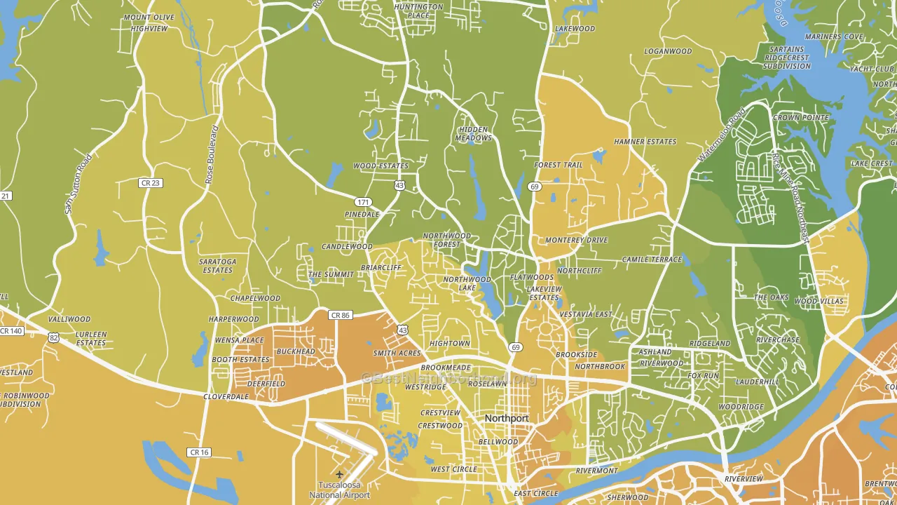 Map of the best neighborhoods in the 35473 area, with better matches in green and worse matches in red