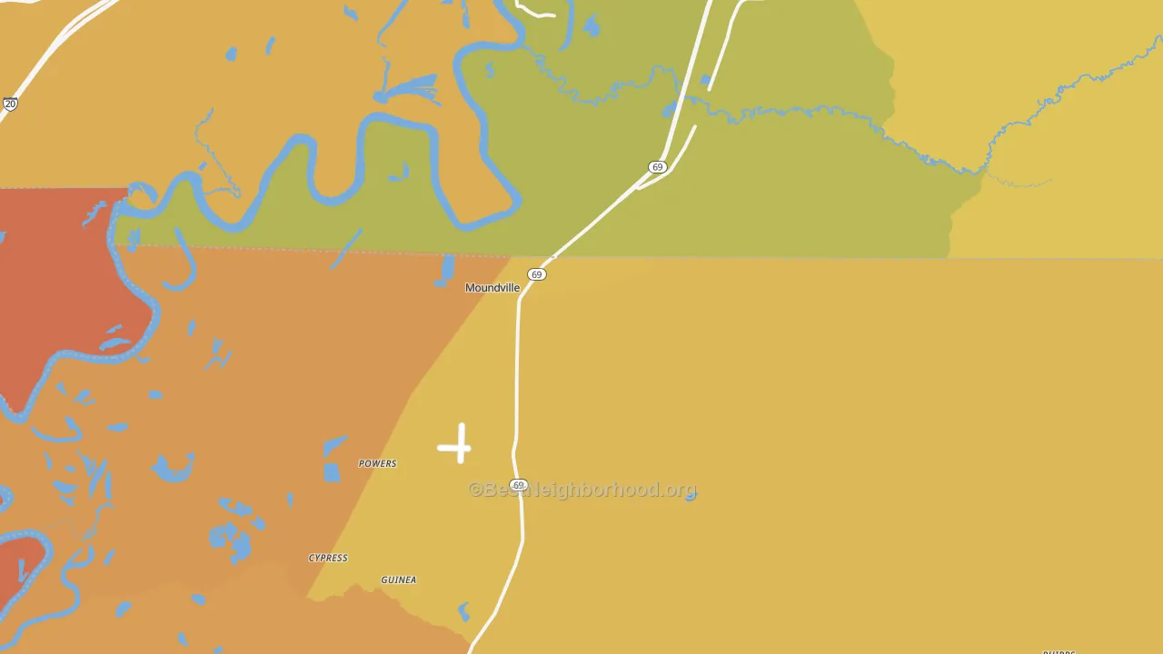 Map of the best neighborhoods in the 35474 area, with better matches in green and worse matches in red