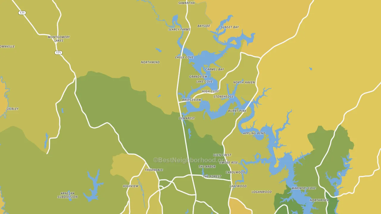 Map of the best neighborhoods in the 35475 area, with better matches in green and worse matches in red
