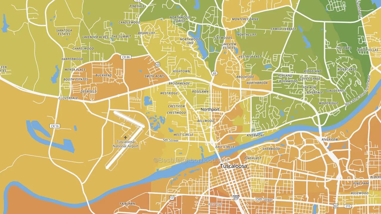 Map of the best neighborhoods in the 35476 area, with better matches in green and worse matches in red