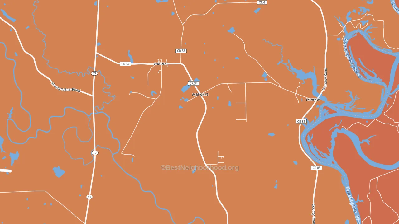 Map of the best neighborhoods in the 35477 area, with better matches in green and worse matches in red