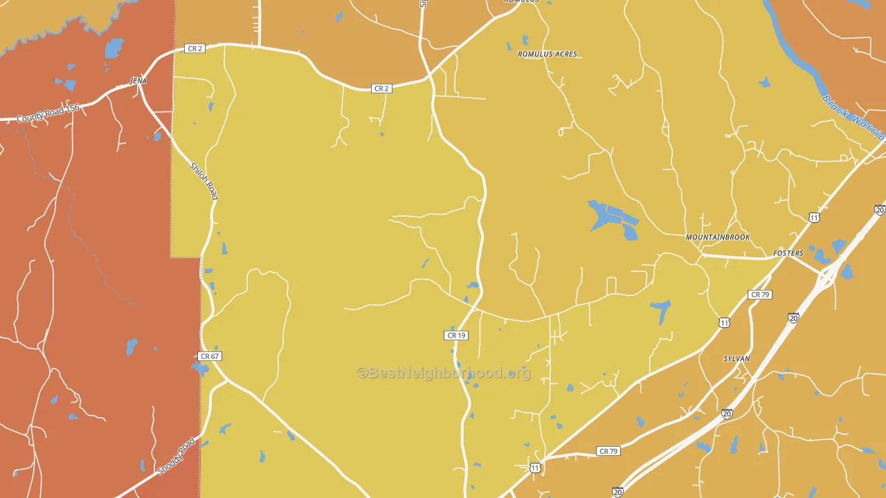 Map of the best neighborhoods in the 35480 area, with better matches in green and worse matches in red