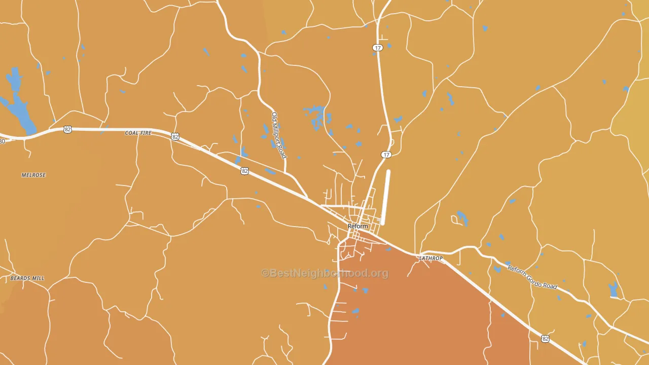 Map of the best neighborhoods in the 35481 area, with better matches in green and worse matches in red