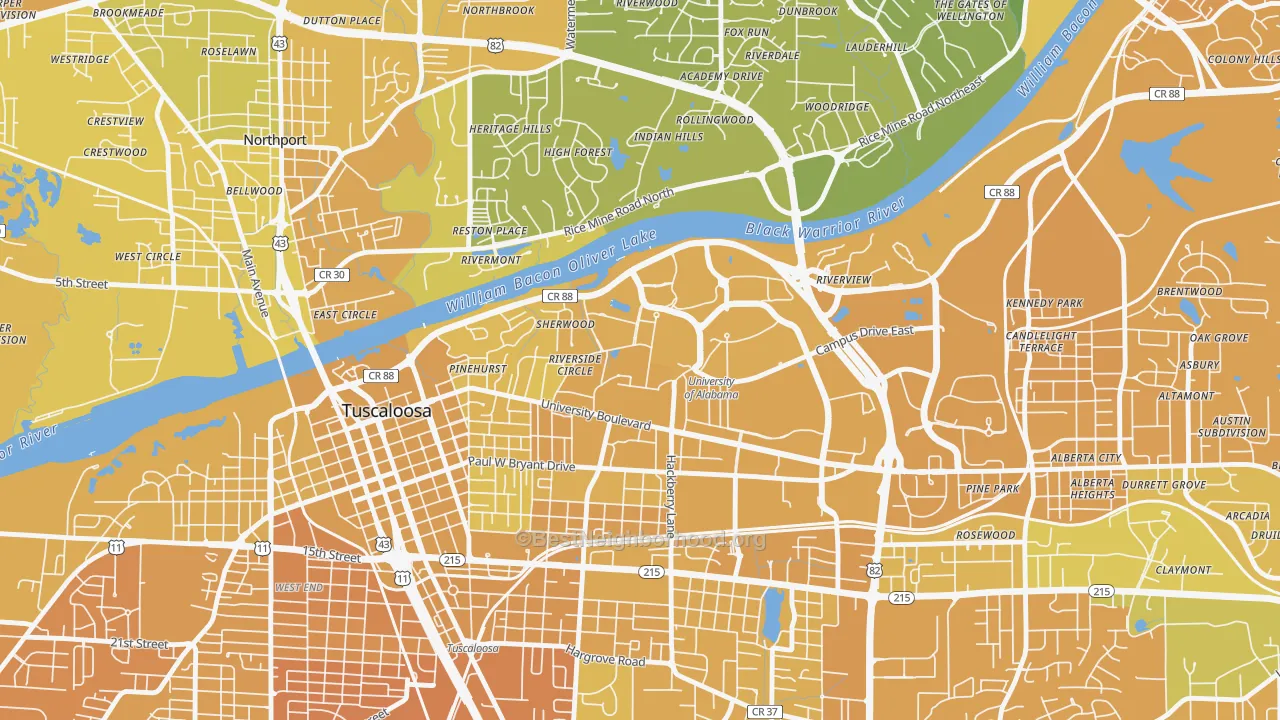 Map of the best neighborhoods in the 35487 area, with better matches in green and worse matches in red