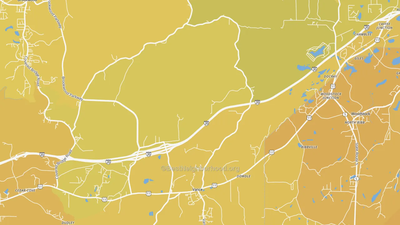 Map of the best neighborhoods in the 35490 area, with better matches in green and worse matches in red