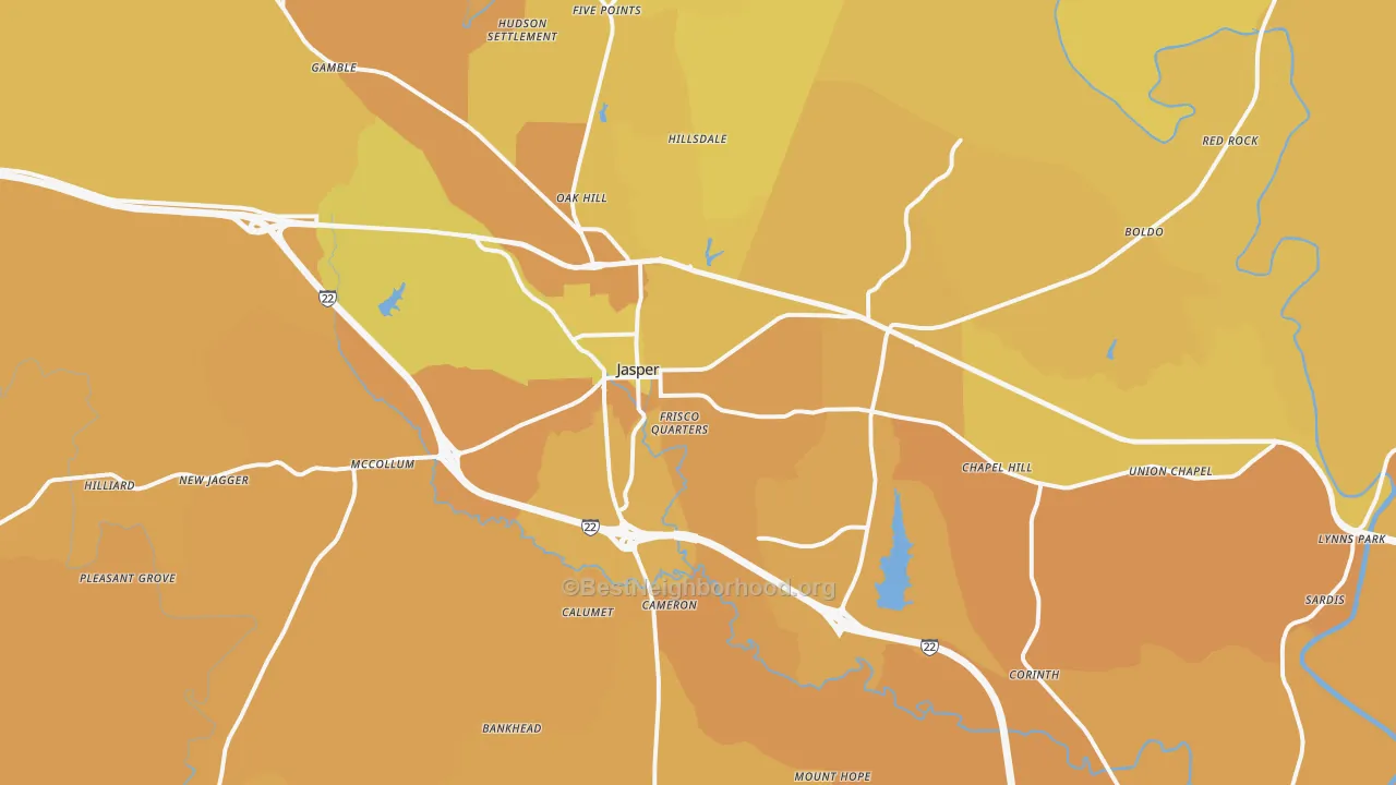 Map of the best neighborhoods in the 35501 area, with better matches in green and worse matches in red