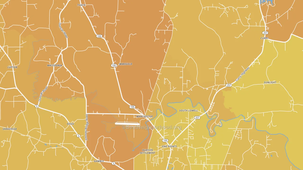 Map of the best neighborhoods in the 35503 area, with better matches in green and worse matches in red