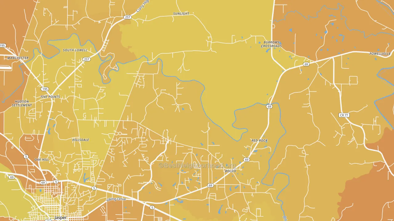 Map of the best neighborhoods in the 35504 area, with better matches in green and worse matches in red