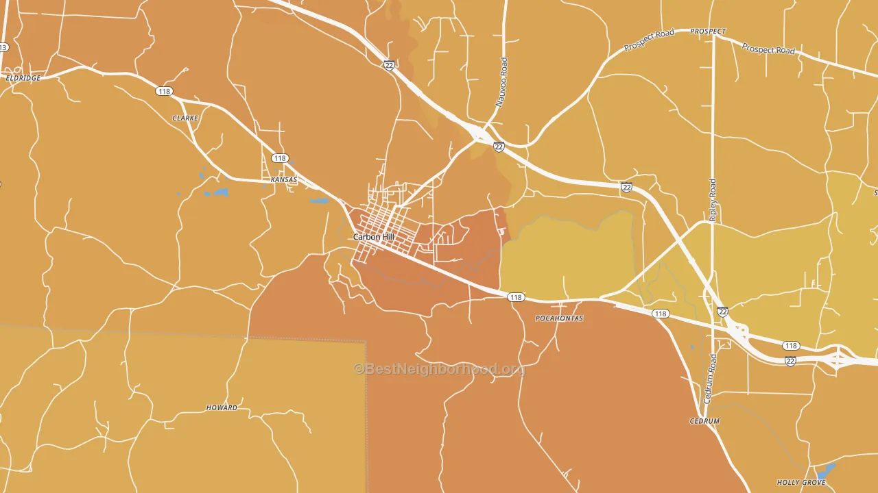 Map of the best neighborhoods in the 35549 area, with better matches in green and worse matches in red