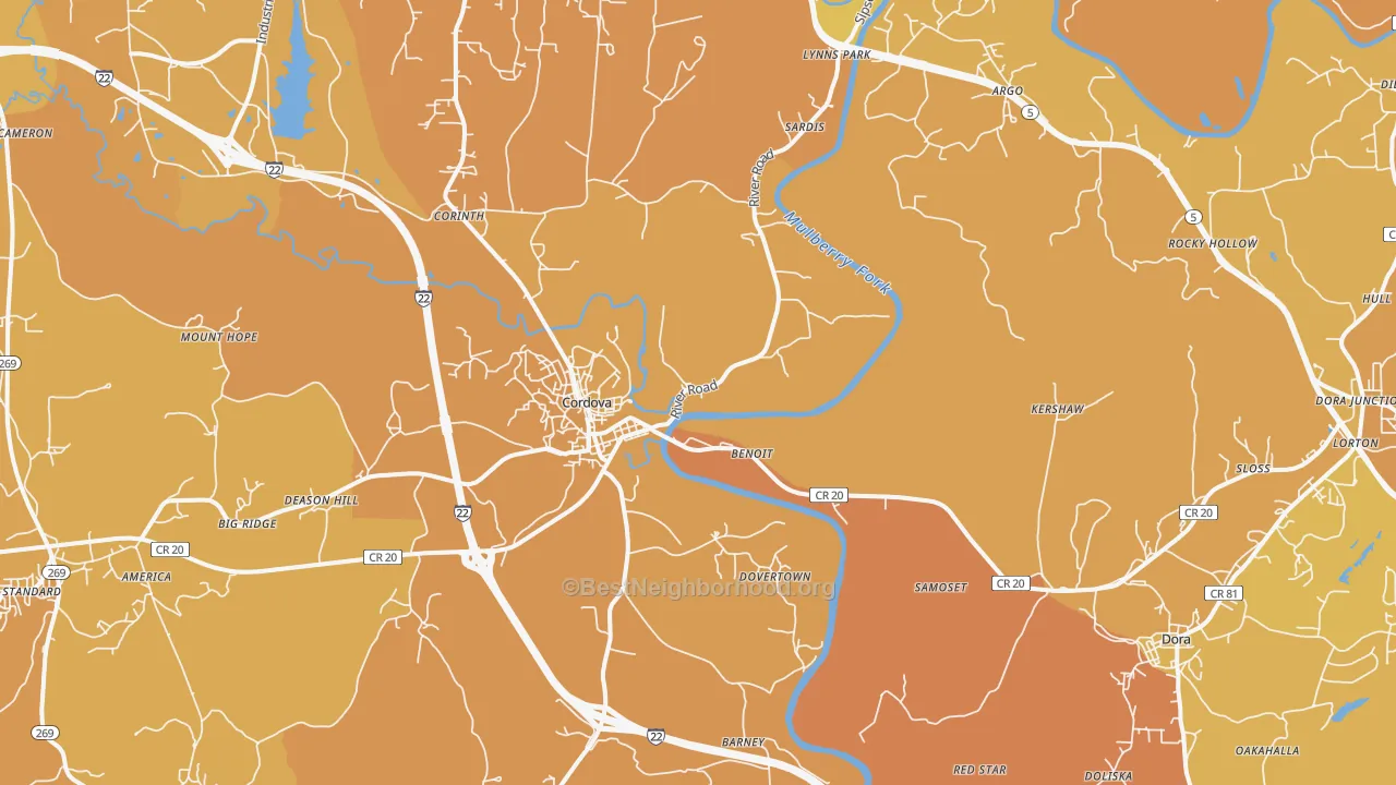 Map of the best neighborhoods in the 35550 area, with better matches in green and worse matches in red