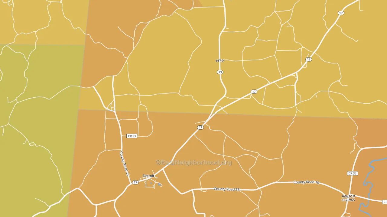 Map of the best neighborhoods in the 35552 area, with better matches in green and worse matches in red