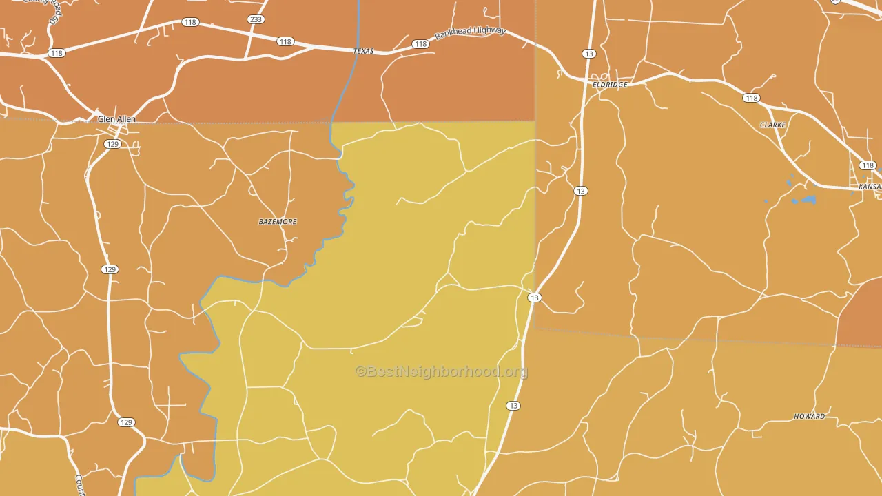 Map of the best neighborhoods in the 35554 area, with better matches in green and worse matches in red