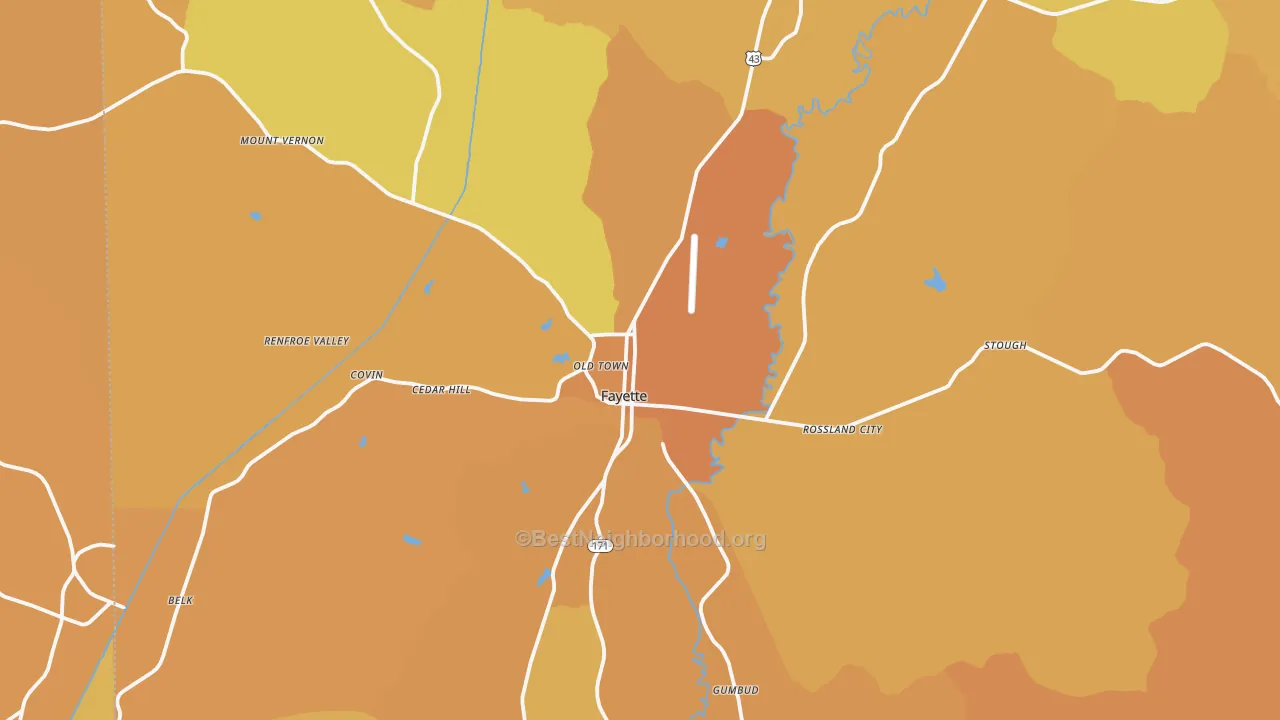 Map of the best neighborhoods in the 35555 area, with better matches in green and worse matches in red