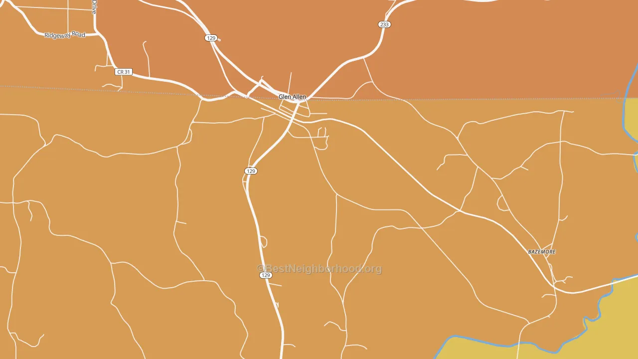 Map of the best neighborhoods in the 35559 area, with better matches in green and worse matches in red