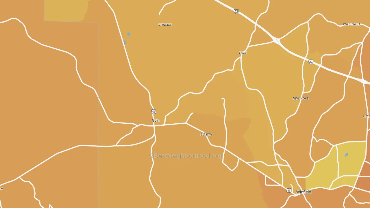Map of the best neighborhoods in the 35563 area, with better matches in green and worse matches in red