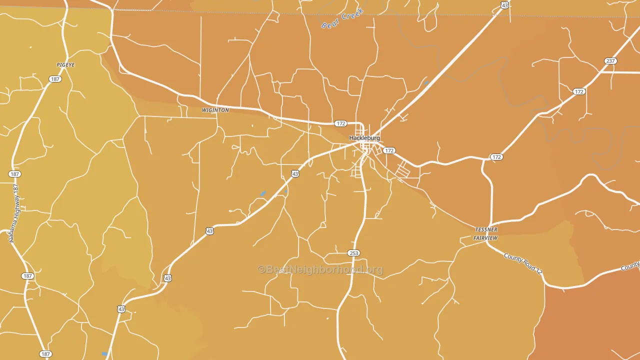Map of the best neighborhoods in the 35564 area, with better matches in green and worse matches in red