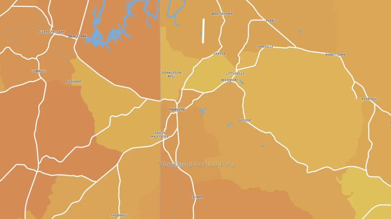 Map of the best neighborhoods in the 35565 area, with better matches in green and worse matches in red