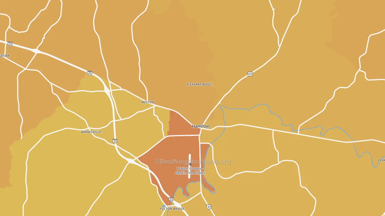 Map of the best neighborhoods in the 35570 area, with better matches in green and worse matches in red