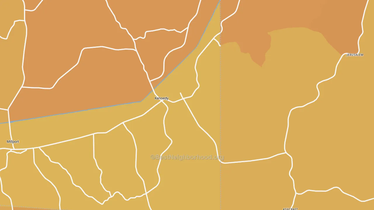 Map of the best neighborhoods in the 35574 area, with better matches in green and worse matches in red