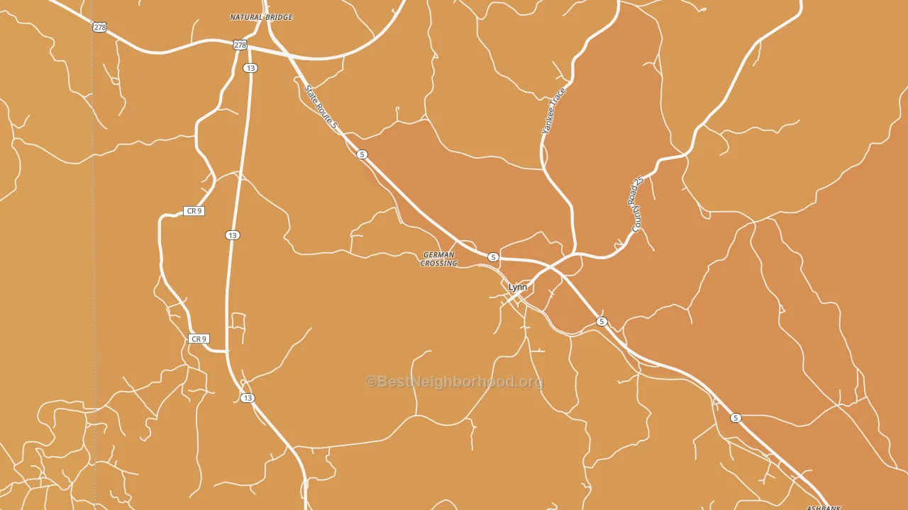 Map of the best neighborhoods in the 35575 area, with better matches in green and worse matches in red