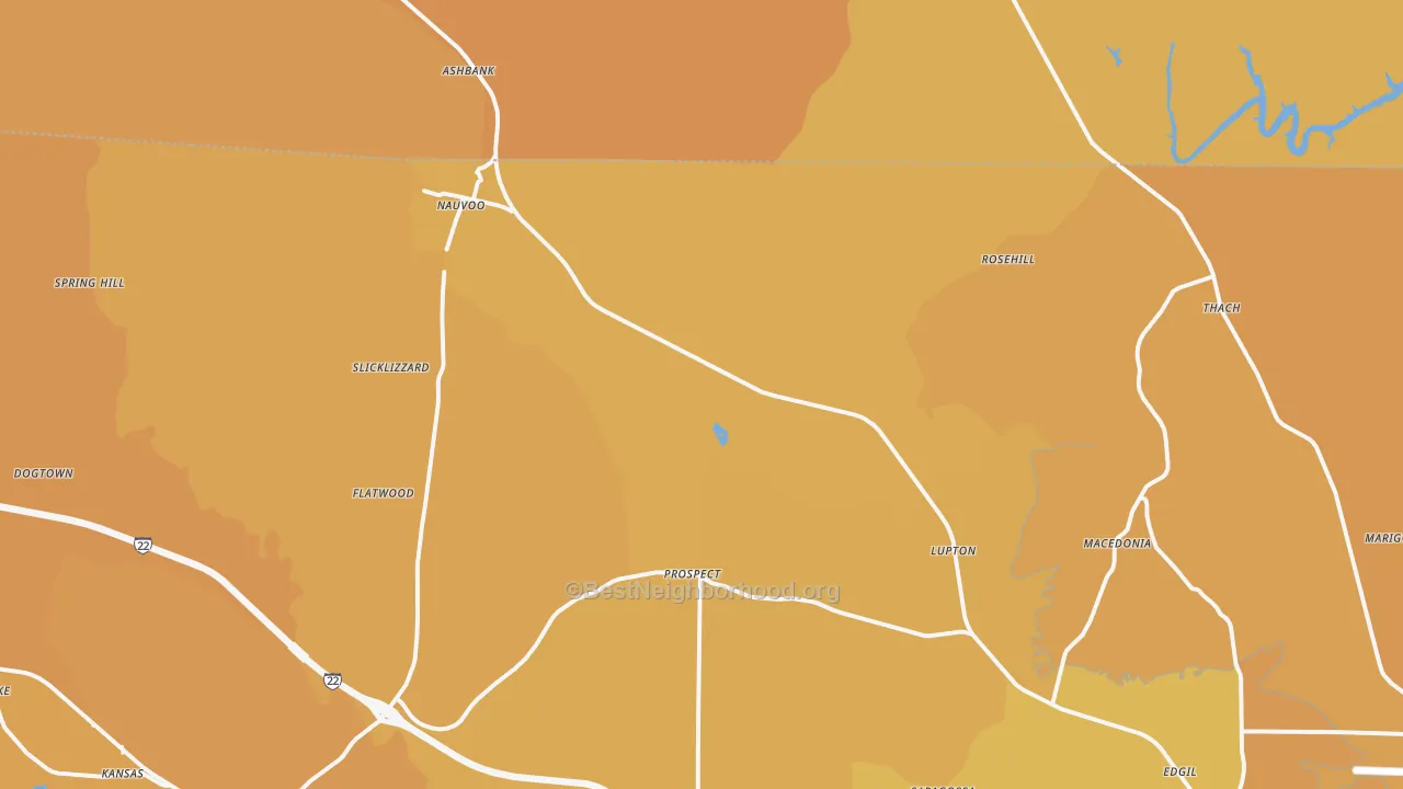 Map of the best neighborhoods in the 35578 area, with better matches in green and worse matches in red