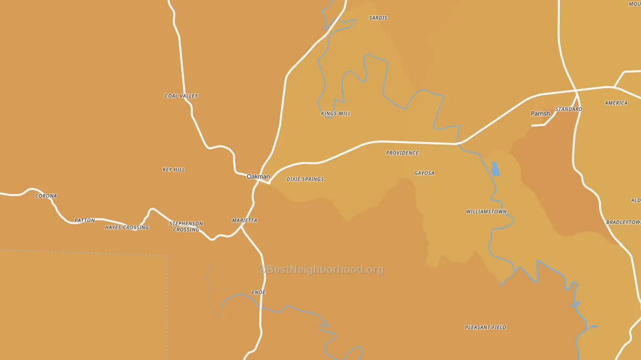 Map of the best neighborhoods in the 35579 area, with better matches in green and worse matches in red
