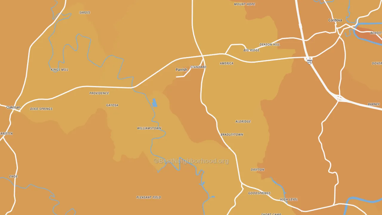 Map of the best neighborhoods in the 35580 area, with better matches in green and worse matches in red