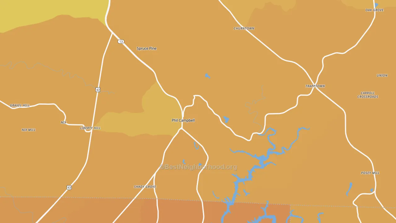 Map of the best neighborhoods in the 35581 area, with better matches in green and worse matches in red