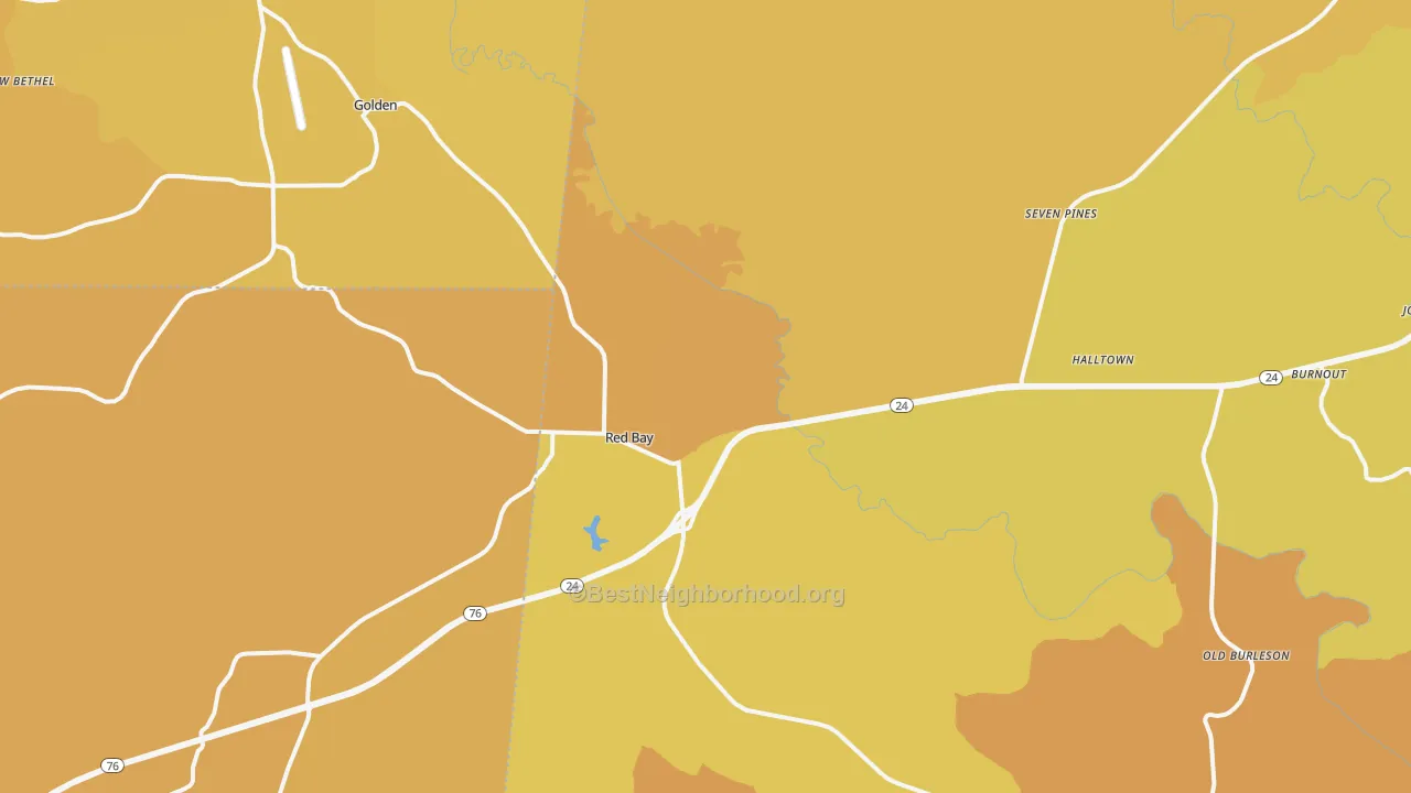 Map of the best neighborhoods in the 35582 area, with better matches in green and worse matches in red
