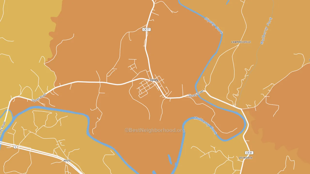 Map of the best neighborhoods in the 35584 area, with better matches in green and worse matches in red