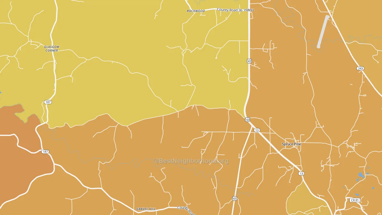 Map of the best neighborhoods in the 35585 area, with better matches in green and worse matches in red