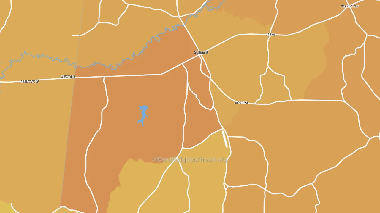 Map of the best neighborhoods in the 35586 area, with better matches in green and worse matches in red