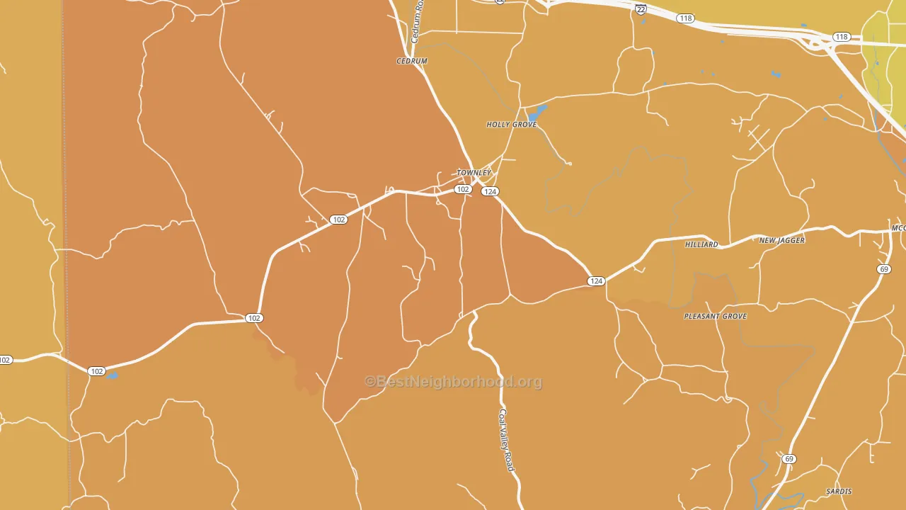 Map of the best neighborhoods in the 35587 area, with better matches in green and worse matches in red