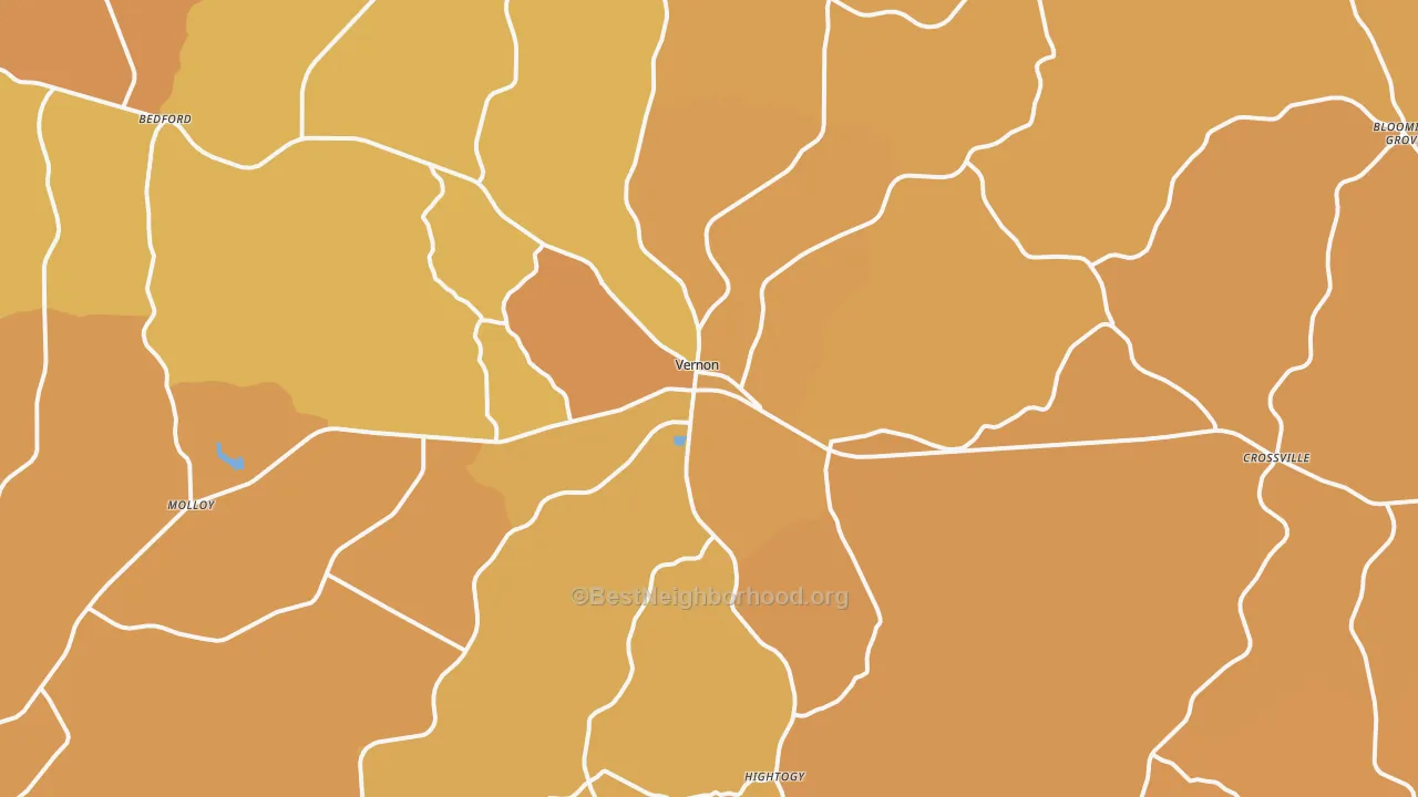 Map of the best neighborhoods in the 35592 area, with better matches in green and worse matches in red