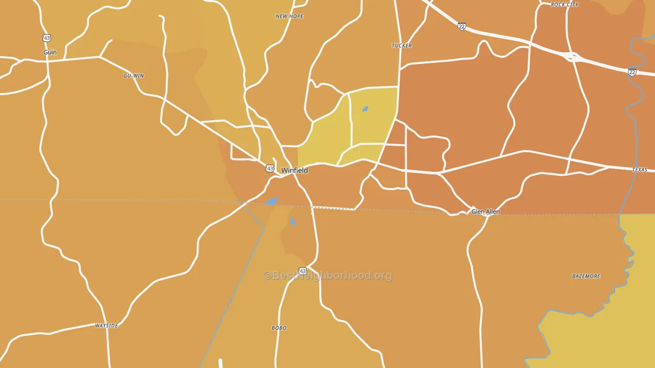 Map of the best neighborhoods in the 35594 area, with better matches in green and worse matches in red