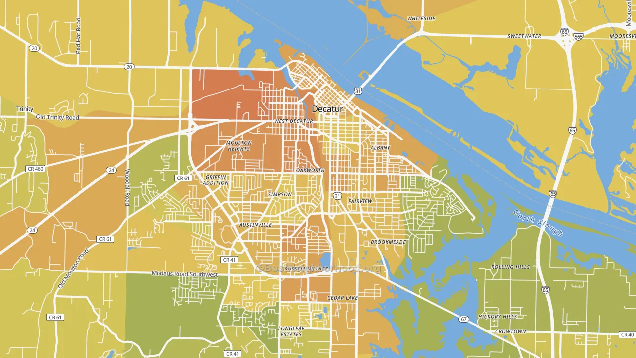 Map of the best neighborhoods in the 35601 area, with better matches in green and worse matches in red