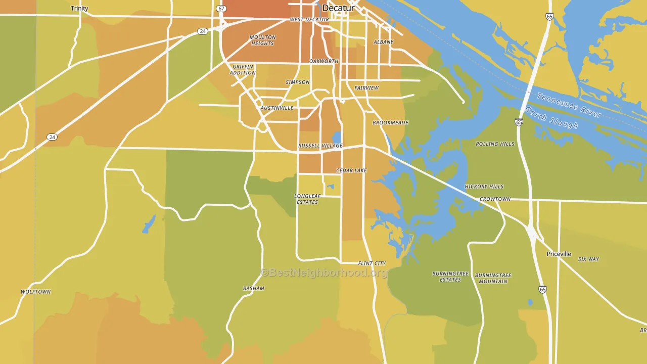 Map of the best neighborhoods in the 35603 area, with better matches in green and worse matches in red