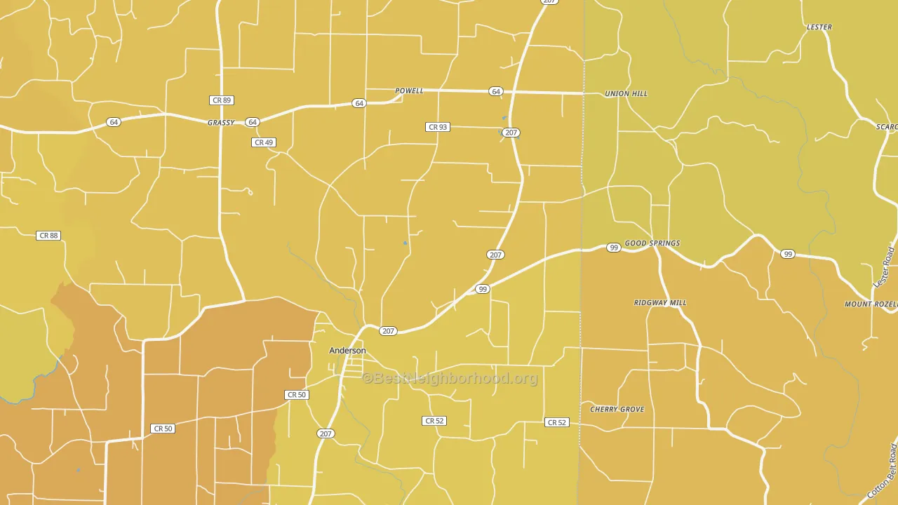 Map of the best neighborhoods in the 35610 area, with better matches in green and worse matches in red
