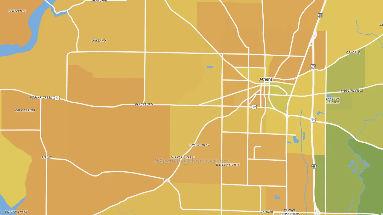 Map of the best neighborhoods in the 35611 area, with better matches in green and worse matches in red
