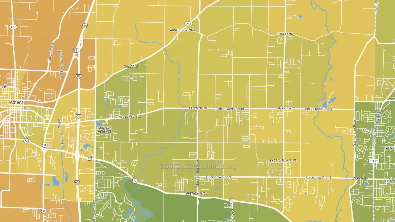 Map of the best neighborhoods in the 35613 area, with better matches in green and worse matches in red