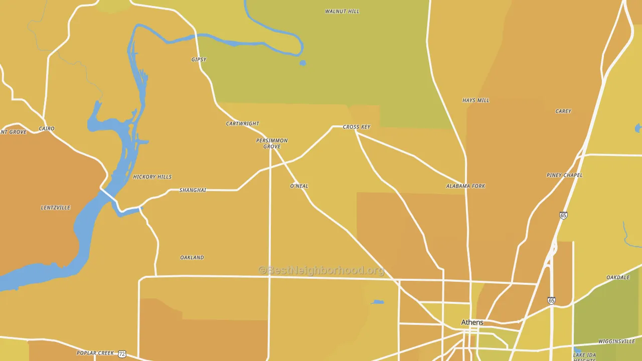 Map of the best neighborhoods in the 35614 area, with better matches in green and worse matches in red