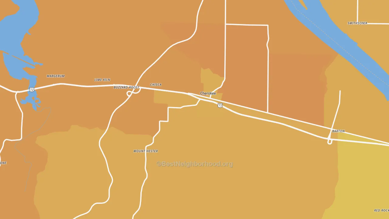Map of the best neighborhoods in the 35616 area, with better matches in green and worse matches in red