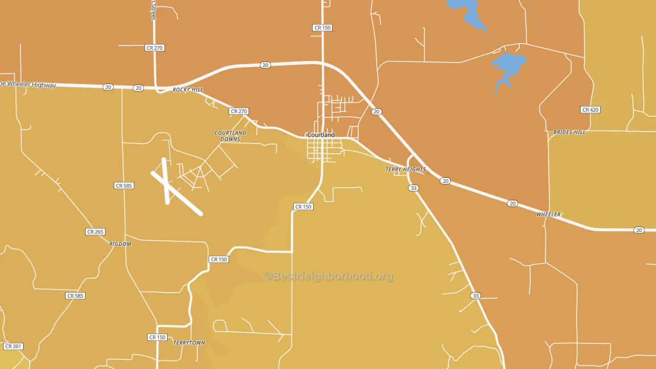Map of the best neighborhoods in the 35618 area, with better matches in green and worse matches in red